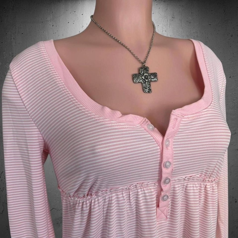 Pink Striped Empire Waist Henley Long Sleeve Button Detail Soft Stretchy Top M - Picture 2 of 8